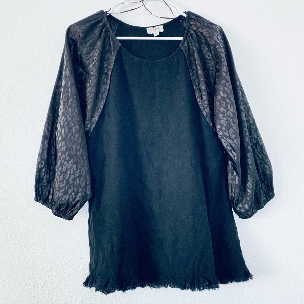 🍓 Umgee Boho Linen Blend Leopard 3/4 Sleeves Fringe Hem Black Top Small